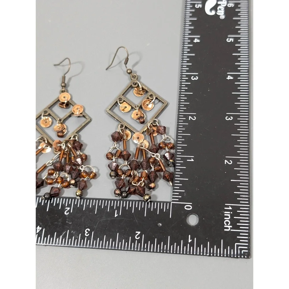 Boho Western Bronze Tone Brown Chandelier Dangle Long Earrings Festival‎